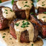 Tender steak bites smothered in a creamy parmesan sauce served on a plate.