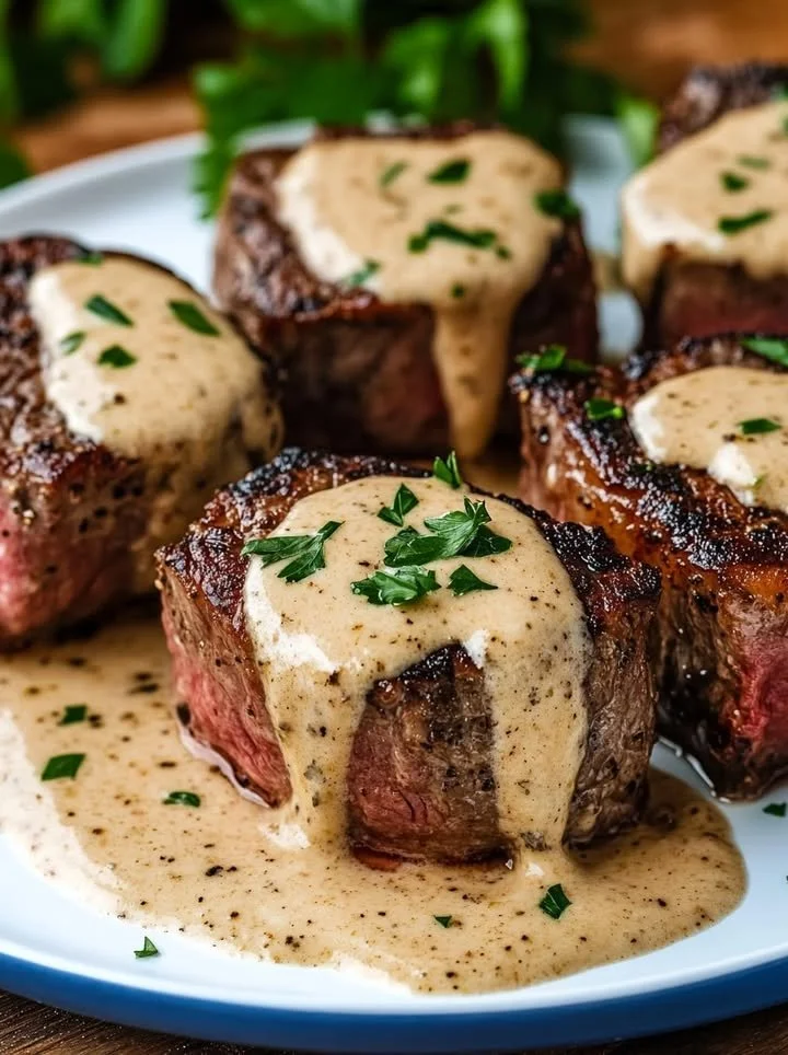 Tender steak bites smothered in a creamy parmesan sauce served on a plate.