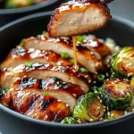 Teriyaki chicken bowls with crispy Brussels sprouts on a wooden table