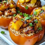 Teriyaki chicken stuffed peppers with pineapple and rice on a plate.