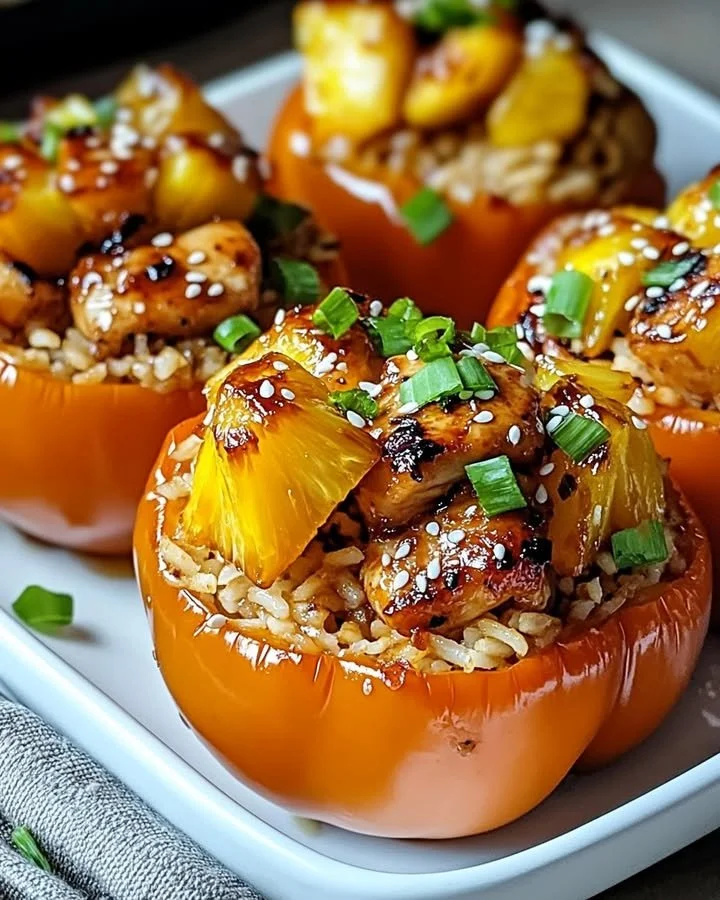Teriyaki chicken stuffed peppers with pineapple and rice on a plate.