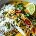 Bowl of Thai coconut lemongrass fish stew served with jasmine rice