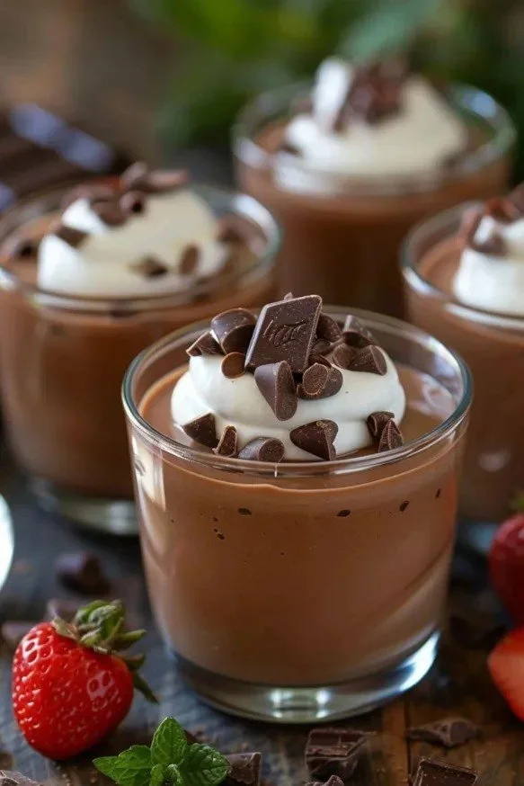 Rich homemade chocolate pudding in a glass bowl topped with whipped cream
