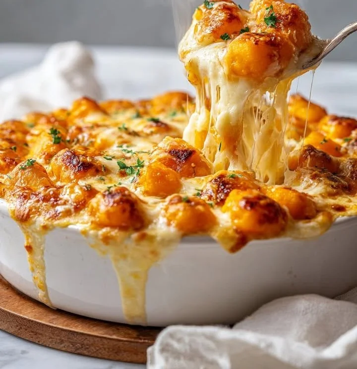 Deliciously baked gnocchi gratin with cheese and herbs