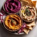 A selection of roasted deep dips served in bowls for winter gatherings.