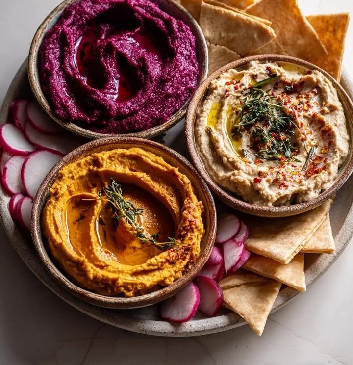 A selection of roasted deep dips served in bowls for winter gatherings.