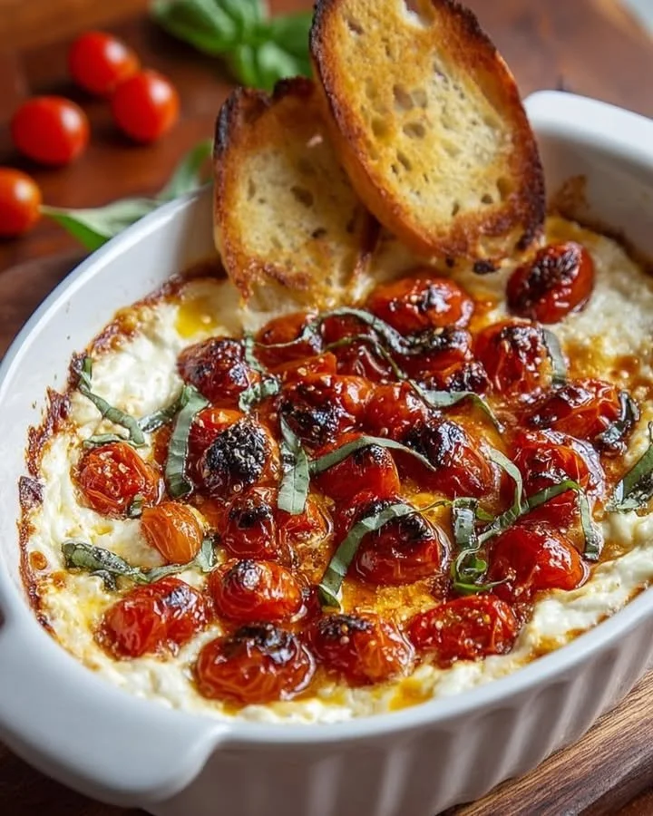 Three-cheese tomato bruschetta dip served in a bowl with fresh herbs