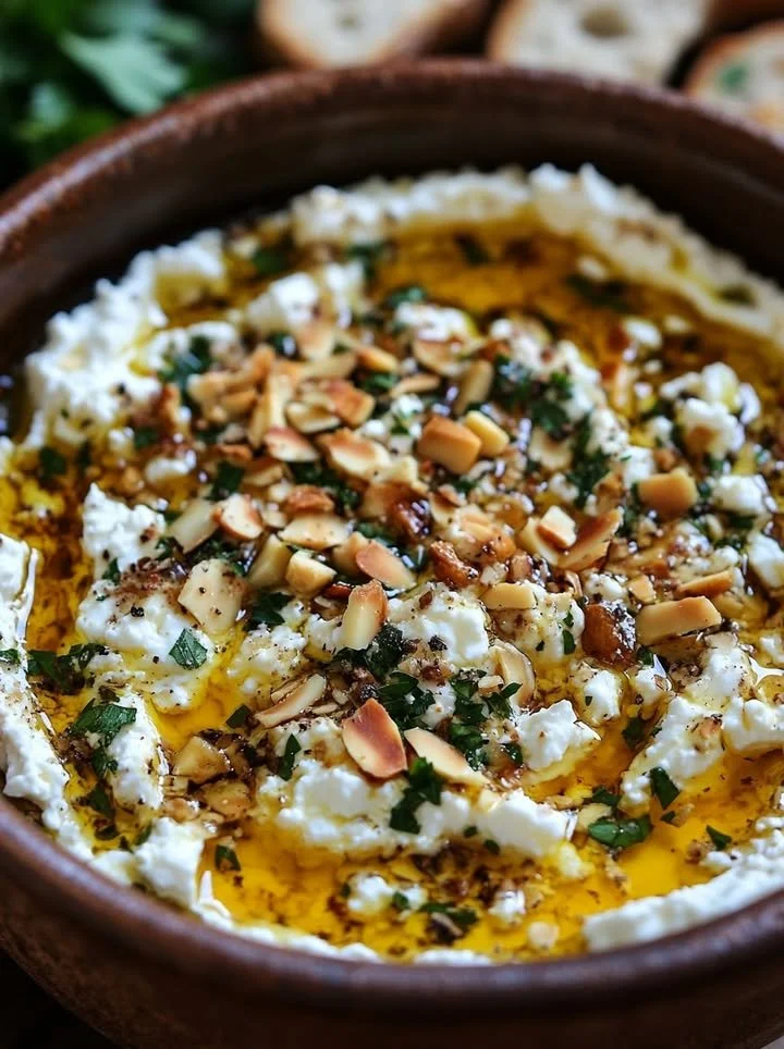 Thyme-infused feta and almond dip served with fresh vegetables and crackers.