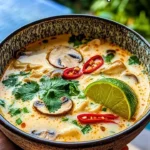 Bowl of Tom Kha Gai soup with coconut milk and chicken