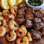 Savory steak bites mixed with succulent shrimp served on a plate