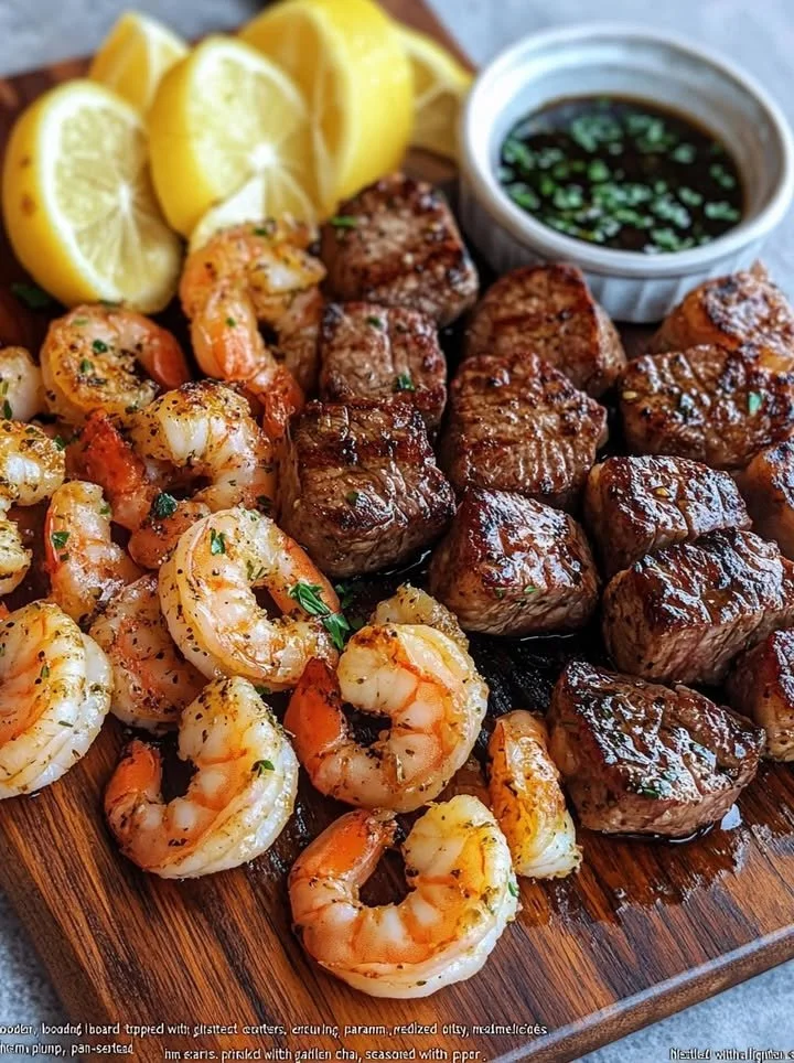 Savory steak bites mixed with succulent shrimp served on a plate