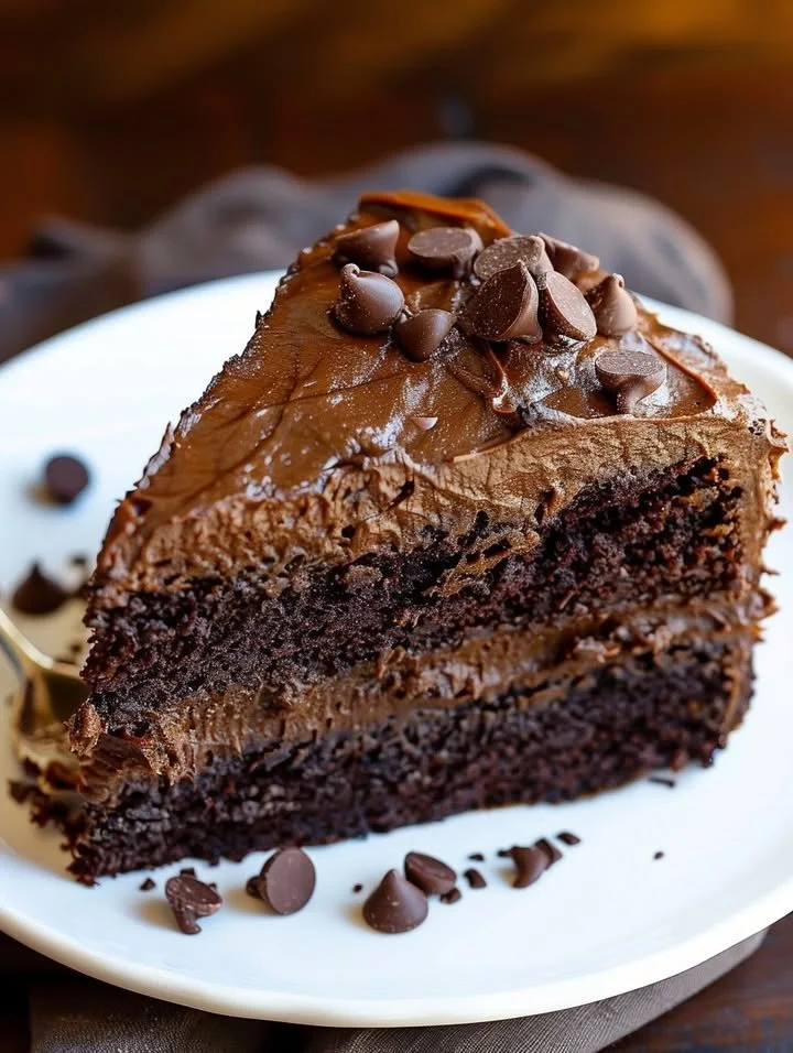 Decadent triple chocolate cake topped with rich chocolate frosting and shavings.