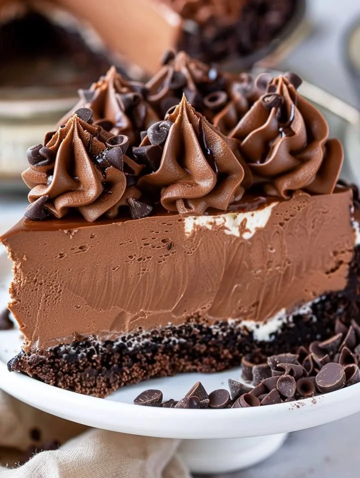 Decadent Triple Chocolate Cheesecake topped with rich chocolate ganache and shavings