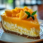 Delicious Tropical Paradise Mango Cheesecake topped with fresh mango slices