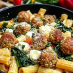 Turkey and ricotta meatballs with garlic spinach rigatoni dish