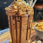 Delicious ultimate chocolate peanut butter shake topped with whipped cream