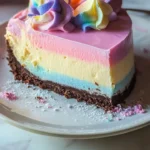 A vibrant and colorful slice of Unicorn Fudge Cheesecake topped with pastel swirls.