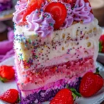 Colorful Unicorn No-Bake Strawberry Split Cake topped with strawberries and whipped cream