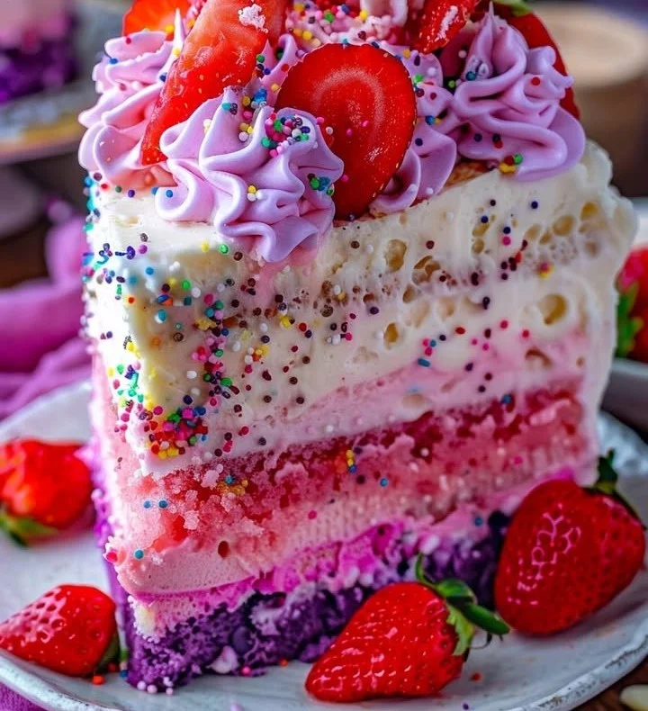 Colorful Unicorn No-Bake Strawberry Split Cake topped with strawberries and whipped cream