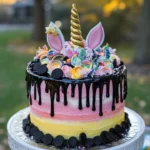 A colorful Unicorn Oreo Cheesecake Drip Cake decorated with drips and sprinkles.