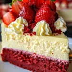Unicorn Strawberry Red Velvet Cheesecake topped with fresh strawberries and whipped cream
