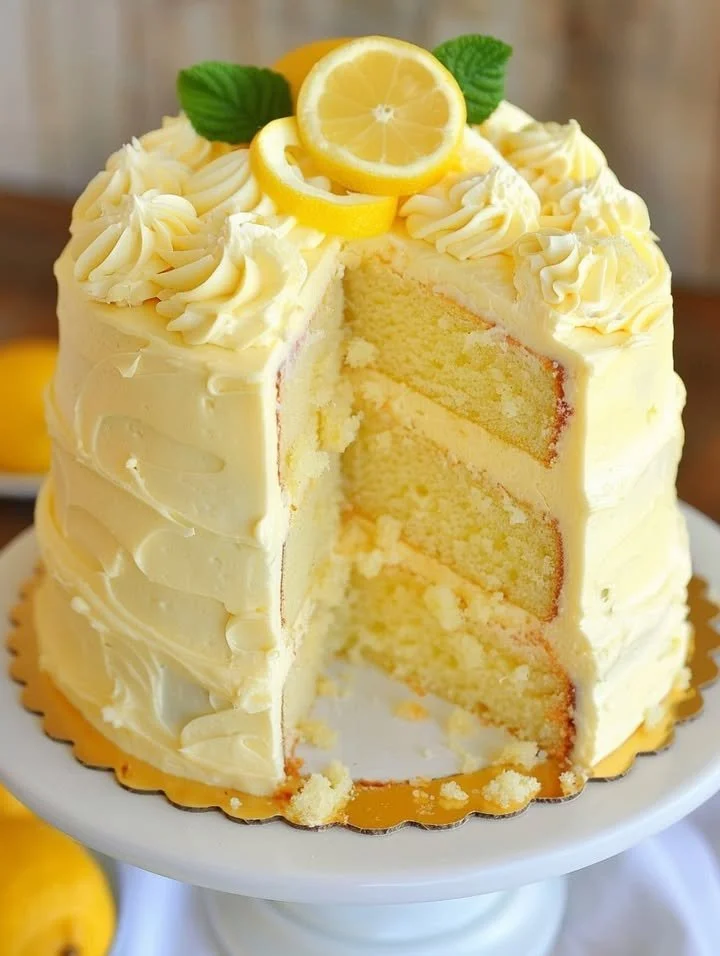 Delicious Velvet Lemon Cream Layer Cake with layers of lemon cream and velvet texture