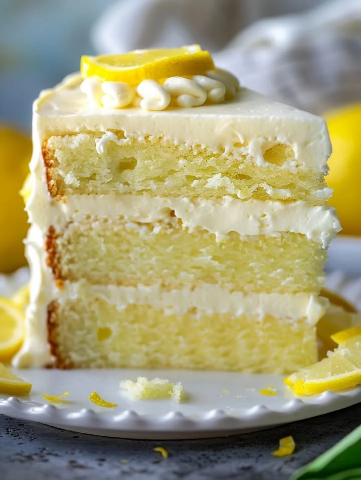 A beautiful Velvet Lemon Cream Layer Cake with fresh lemon slices and cream frosting.