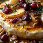 Warm brie cheese served with roasted winter fruits on a rustic wooden platter