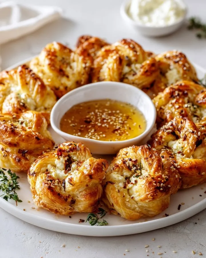 Whipped feta puff pastry flower with hot honey center, a delicious appetizer.