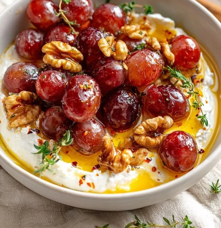 Whipped feta with roasted grapes, walnuts, and hot honey served on a platter