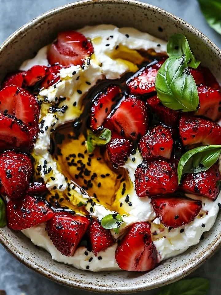 Whipped feta with roasted strawberries on a serving plate