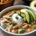 Bowl of delicious white chicken chili topped with cilantro and lime