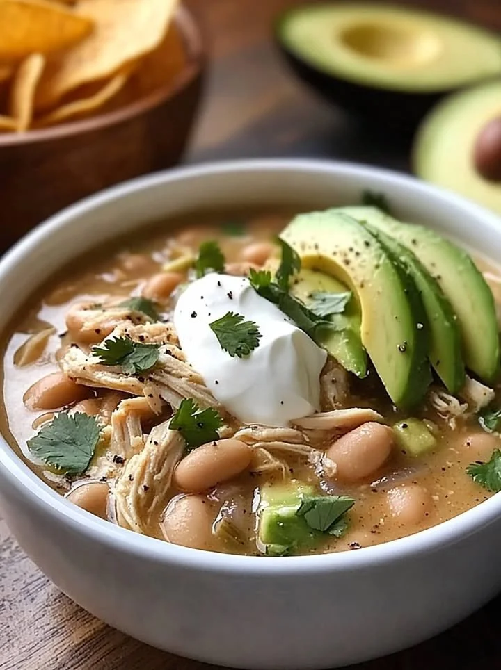 Bowl of delicious white chicken chili topped with cilantro and lime