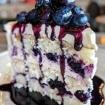 Delicious slice of White Chocolate Blueberry Cake topped with fresh blueberries.