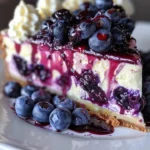 Slice of white chocolate blueberry cheesecake topped with fresh blueberries