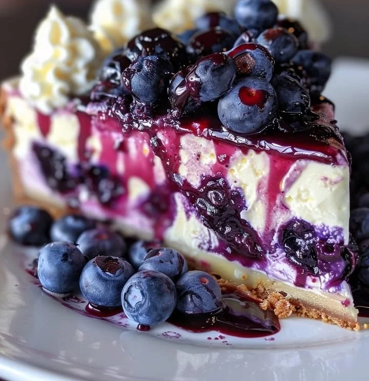 Slice of white chocolate blueberry cheesecake topped with fresh blueberries