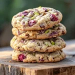 Plate of white chocolate raspberry cookies with pistachios on a wooden table