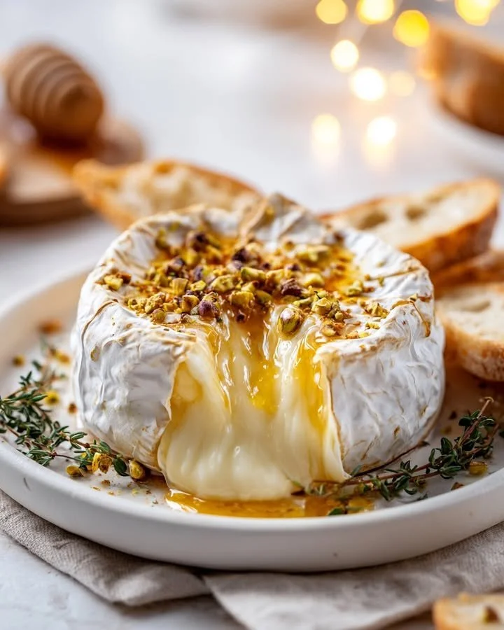 Whole baked camembert topped with hot honey and pistachio crunch