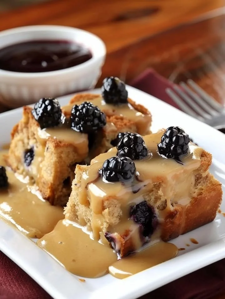 Wild Berry Bread Pudding topped with Orange Sauce dessert dish