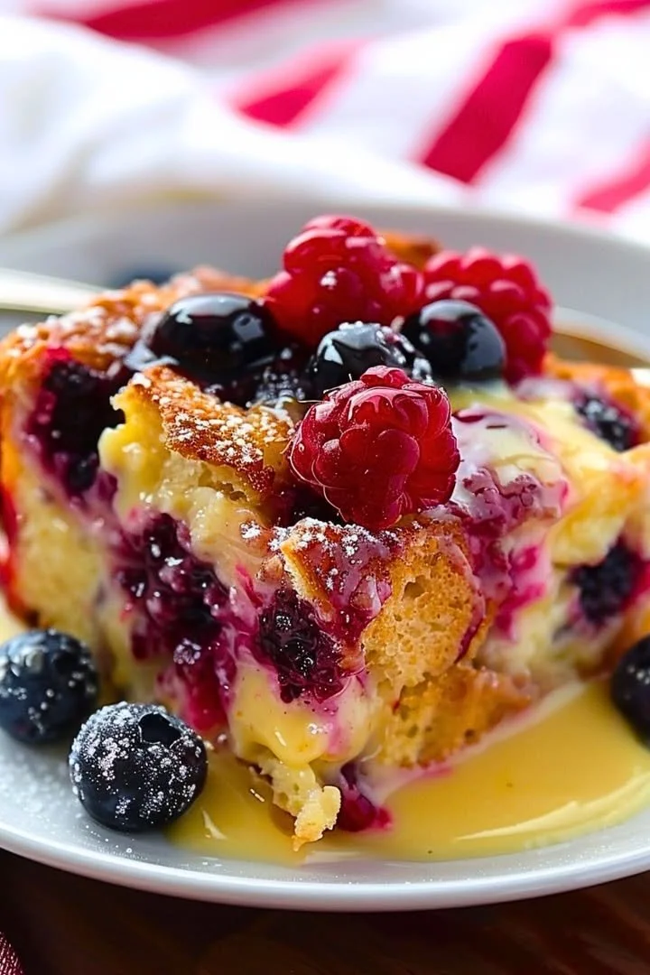 Wild Berry Bread Pudding topped with zesty orange sauce