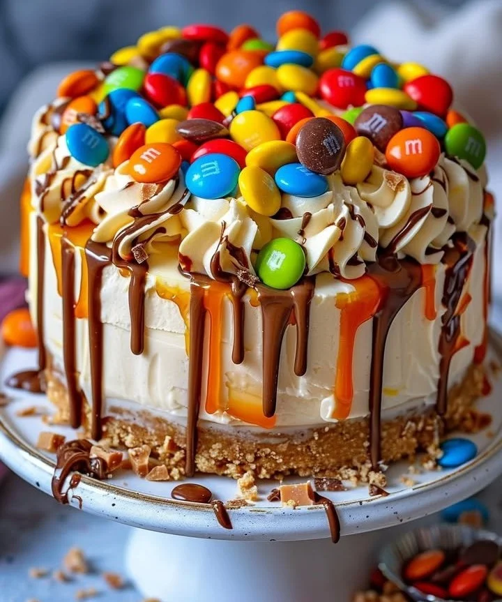 Yellow Paradise No-Bake M&M and Toffee Cheesecake topped with colorful candies