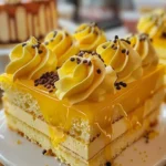 Delicious yellow velvet cake topped with cream cheese frosting