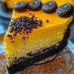 Slice of Yellow Velvet Oreo Cheesecake topped with crushed Oreos
