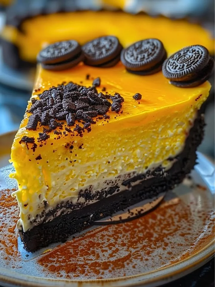 Slice of Yellow Velvet Oreo Cheesecake topped with crushed Oreos