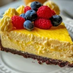 Delicious Yellow Velvet White Chocolate Cheesecake topped with creamy frosting.