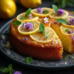 Zesty lemon polenta cake topped with thyme syrup on a white plate