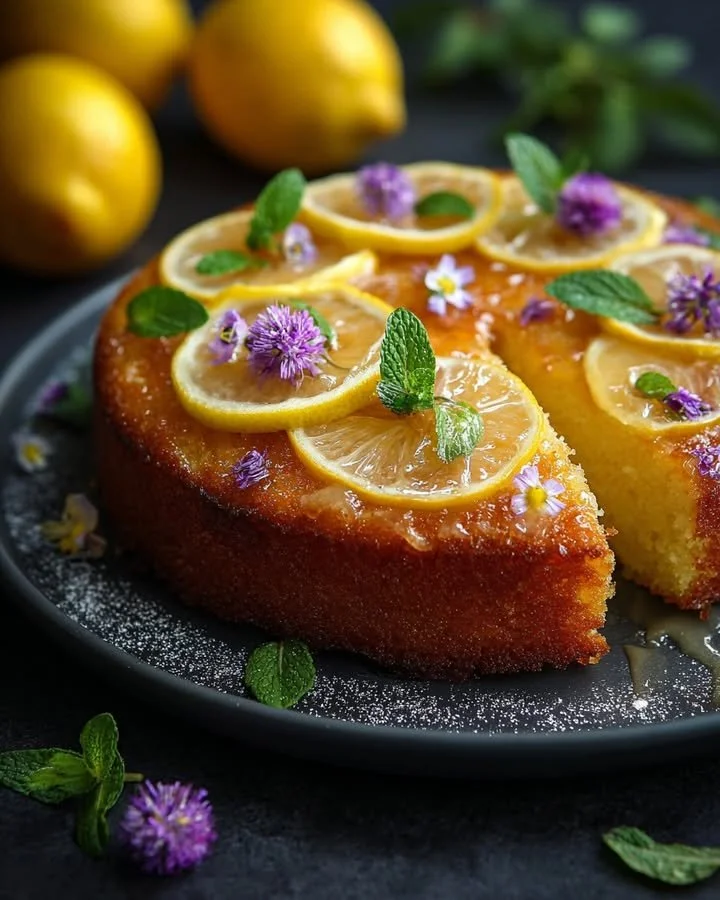 Zesty lemon polenta cake topped with thyme syrup on a white plate