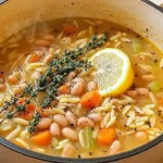 Bowl of zesty Lemon White Bean Orzo Soup garnished with fresh herbs