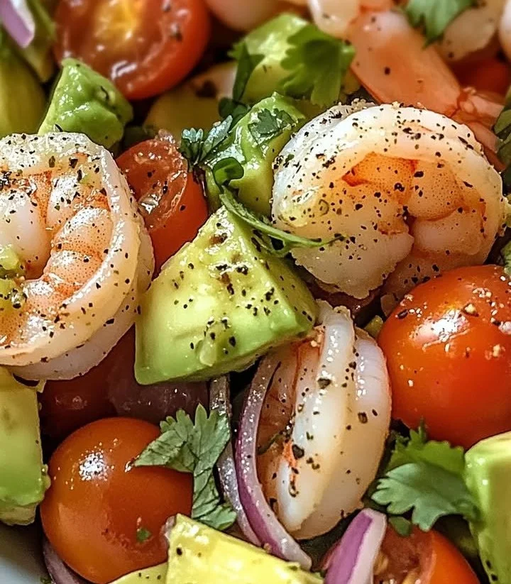 Zesty Lime Shrimp and Avocado Salad in a bowl, garnished with fresh herbs