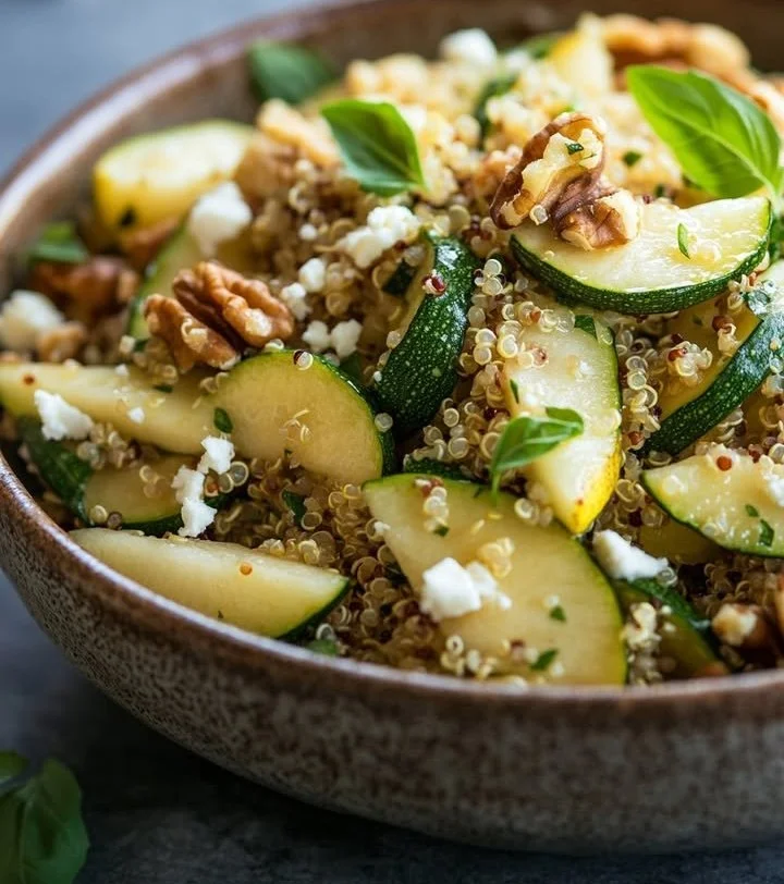 Zucchini and Roasted Pear Quinoa Salad in a bowl with fresh ingredients
